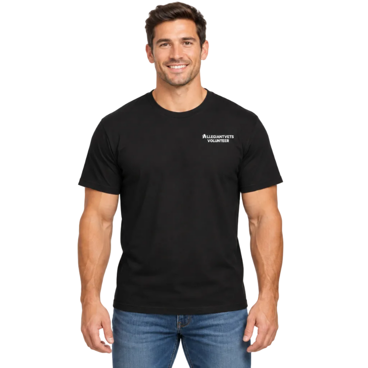 A man wearing a black short-sleeve crewneck t-shirt with a small white 'AllegiantVets Volunteer' logo on the left chest, paired with blue jeans, against a plain white background.
