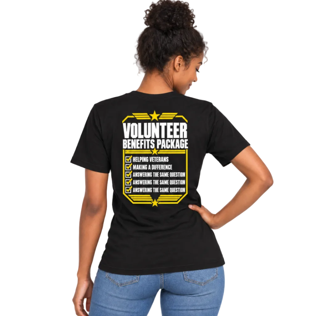 A woman shown from the back wearing a black t-shirt with a yellow and white graphic that reads 'VOLUNTEER BENEFITS PACKAGE' with a checklist, paired with blue jeans, against a plain white background.