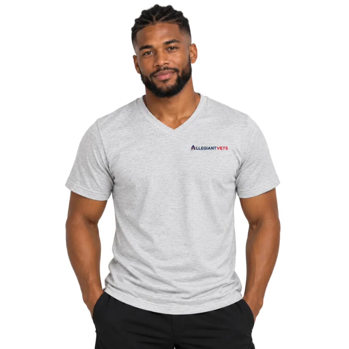 A man wearing a light gray heather V-neck t-shirt with the 'ALLEGANTVETS' logo printed on the left chest, paired with black pants, against a plain white background.