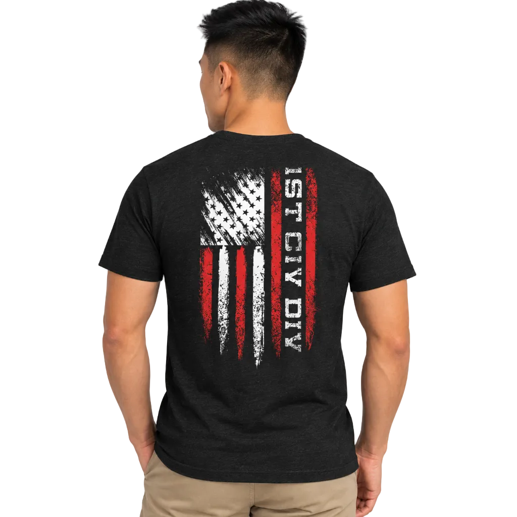 A man viewed from the back wearing a black heather t-shirt with a distressed American flag graphic and the vertical text '1ST CIV DIV' in white and red on the back, paired with khaki pants.