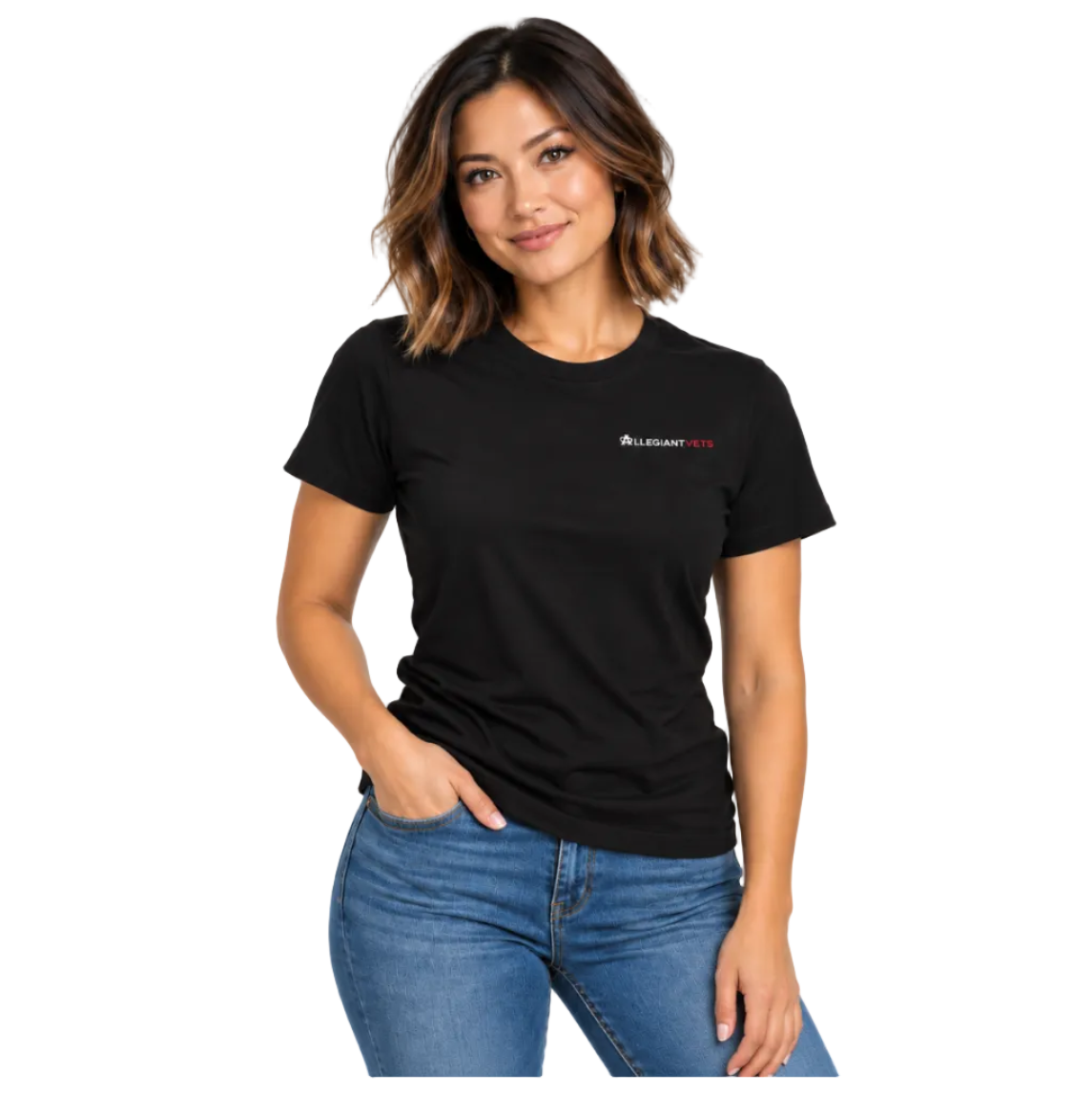 A woman modeling a black short-sleeve crewneck t-shirt with a small white and red 'ALLEGIANTVETS' logo on the left chest, paired with blue jeans against a plain white background.