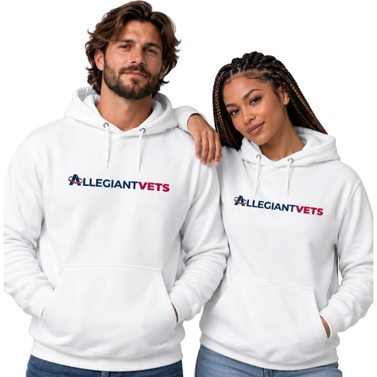 A man and a woman wearing matching white pullover hoodies with the 'ALLEGIANTVETS' logo printed across the chest.