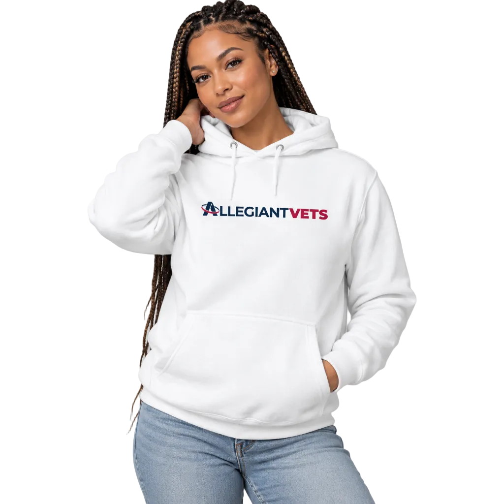 A woman wearing a white pullover hoodie with the 'ALLEGIANTVETS' logo printed across the chest in red and navy blue, paired with light blue jeans.