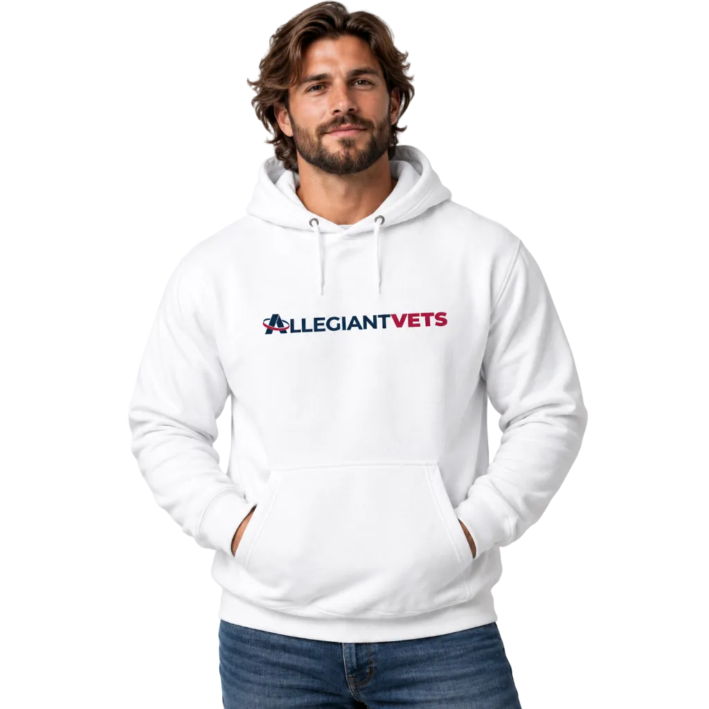 A man wearing a white pullover hoodie with the 'ALLEGIANTVETS' logo printed across the chest in navy and red, paired with blue jeans.