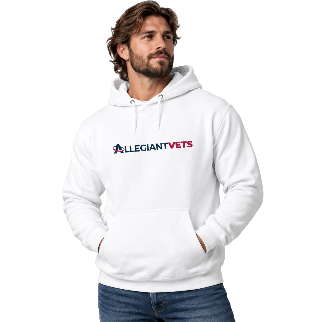 A man wearing a white pullover hoodie with the 'ALLEGIANTVETS' logo printed across the chest in red and blue, paired with blue jeans.