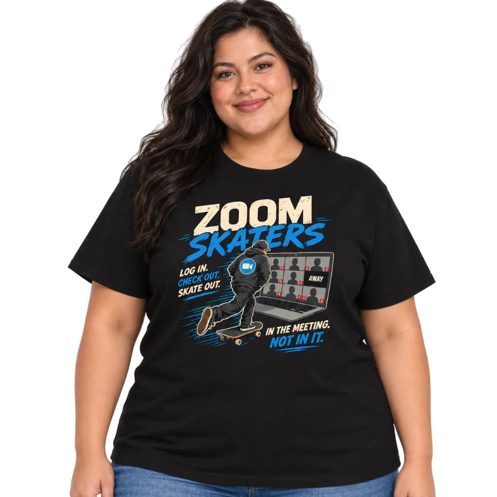 A woman modeling a black graphic t-shirt with a 'Zoom Skaters' design, paired with blue jeans, against a plain white background.