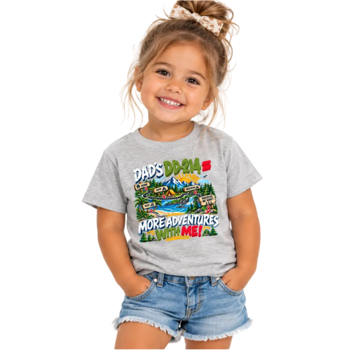 A young girl with a messy bun and bow smiling while wearing a heather gray graphic t-shirt that reads 'DAD'S DD-214 = MORE ADVENTURES WITH ME!' with a colorful cartoon landscape, paired with denim shorts, on a solid white background.