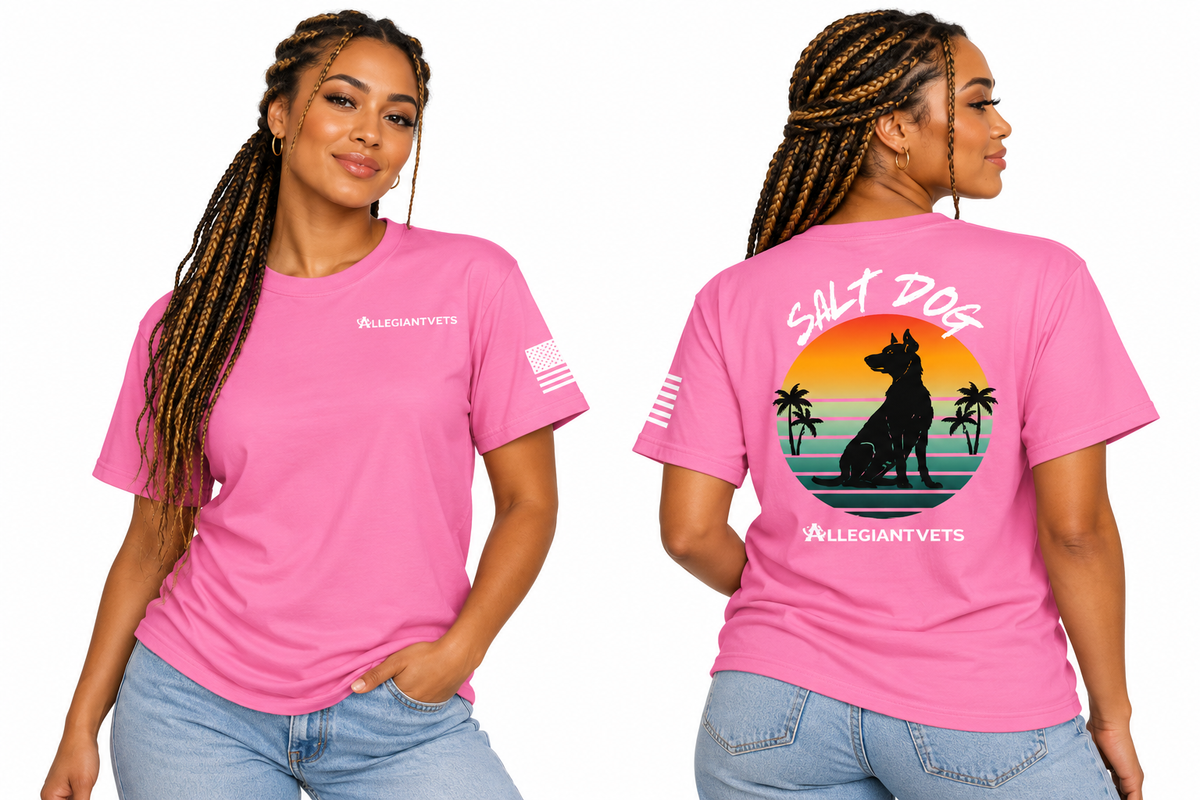 A pink short-sleeve graphic T-shirt shown on a model from the front and back. The front has a small white 'ALLEGIANTVETS' logo on the left chest and a small American flag print on the sleeve.
