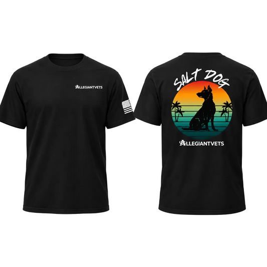 Black short-sleeve t-shirt shown from the front and back. The front has a small white AllegiantVets logo on the left chest and a small white American flag graphic on the right sleeve.