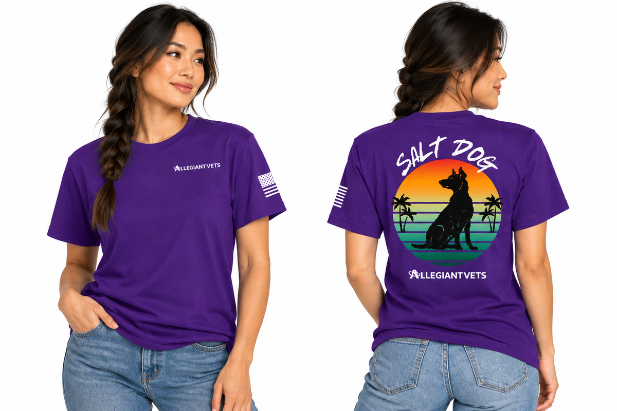 A purple short-sleeve graphic T-shirt shown on a model from the front and back. The front has a small white AllegiantVets logo on the left chest and a small American flag graphic on the sleeve.
