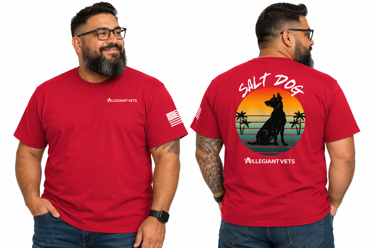 A man modeling a red short-sleeve T-shirt shown from both front and back. The front has a small white AllegiantVets logo on the left chest and a small American flag patch on the sleeve.
