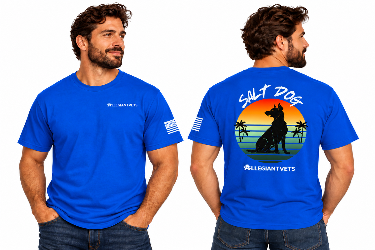 A man modeling a bright blue short-sleeve T-shirt shown from both front and back. The front has a small white AllegiantVets logo on the left chest and a small white flag graphic on the sleeve.