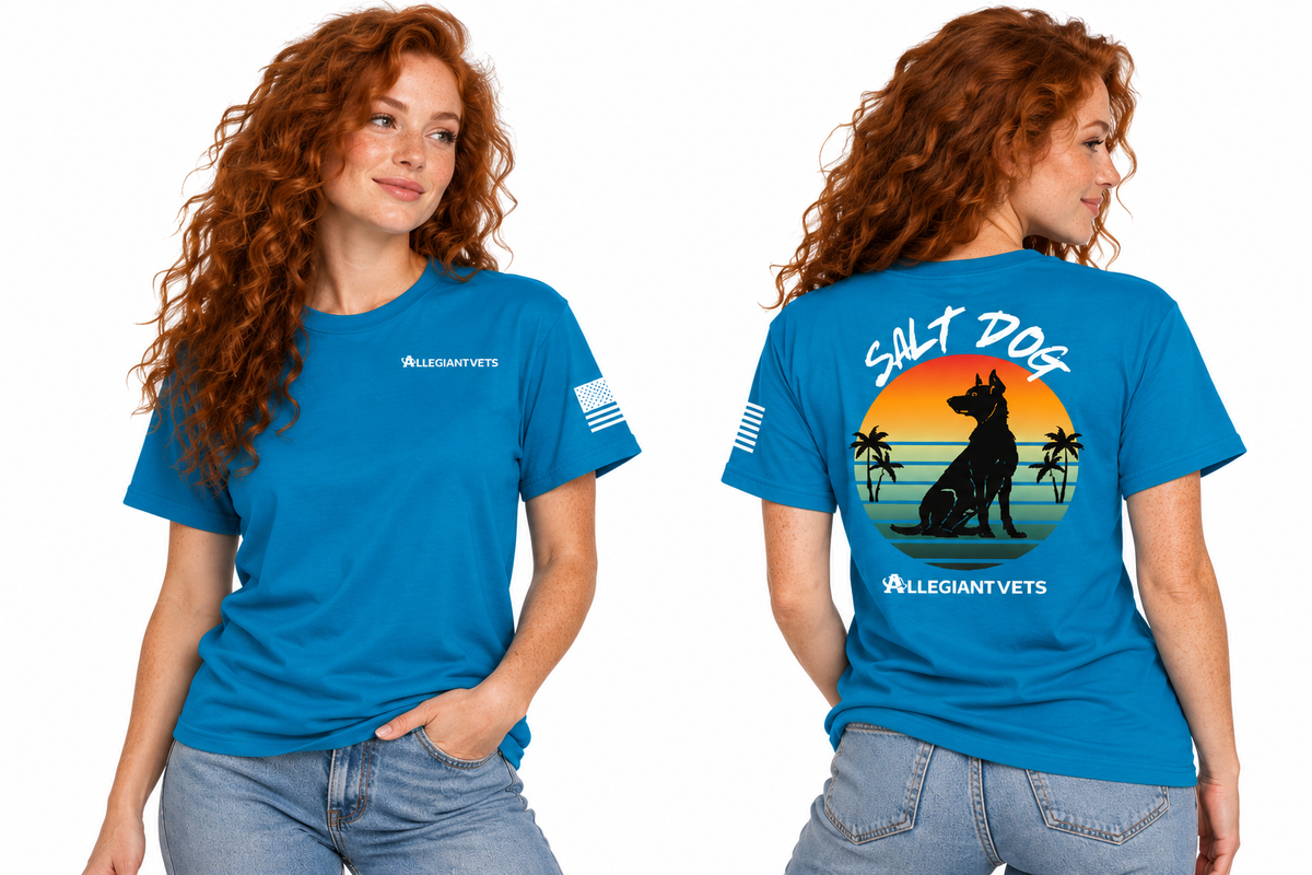 A woman modeling a bright blue short-sleeve T-shirt shown from both front and back. The front has a small white 'ALLEGIANTVETS' logo on the left chest and a white flag graphic on the sleeve.