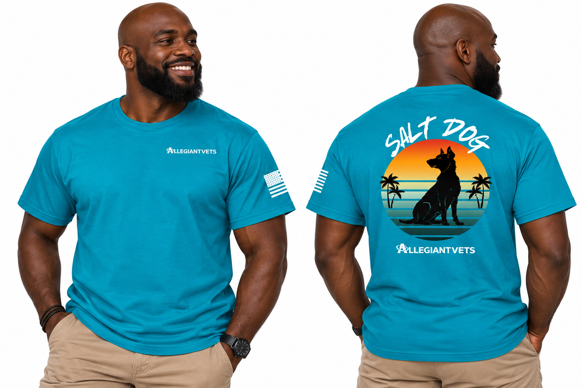 A man modeling a bright turquoise short-sleeve t-shirt, shown from both the front and back. The front features a small white 'ALLEGIANTVETS' logo on the left chest and a white flag graphic on the right sleeve.