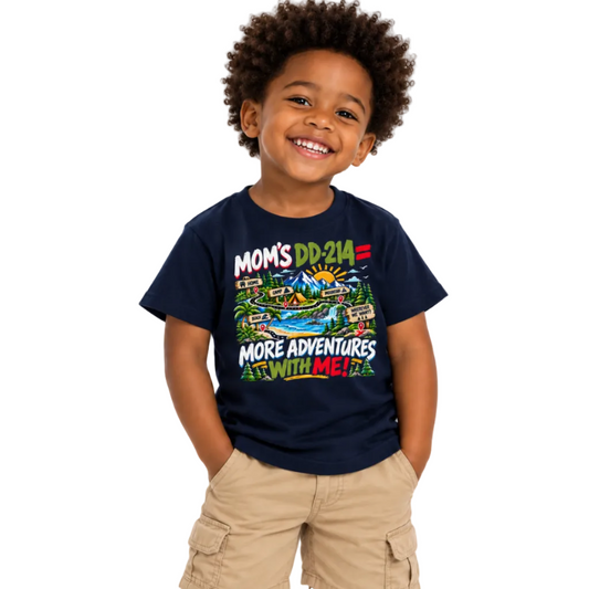 A young child with curly brown hair smiling, wearing a navy blue graphic t-shirt that reads 'MOM'S DD-214 = MORE ADVENTURES WITH ME!' with a colorful illustration, paired with khaki cargo shorts, against a plain white background.