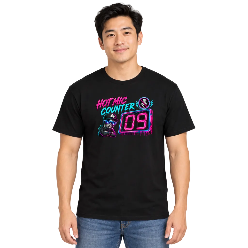 A man wearing a black short-sleeve graphic t-shirt with a colorful 'HOT MIC COUNTER 09' neon-style print on the chest, paired with blue jeans, against a plain white background.