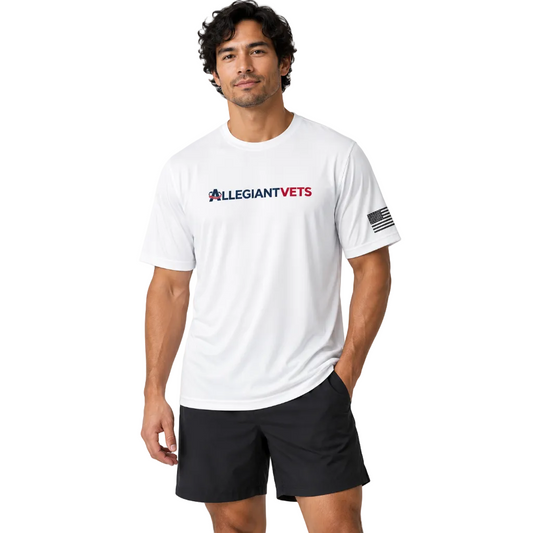 A man wearing a white short-sleeve t-shirt with 'ALLEGIANT VETS' printed in red and blue on the chest, paired with black athletic shorts.