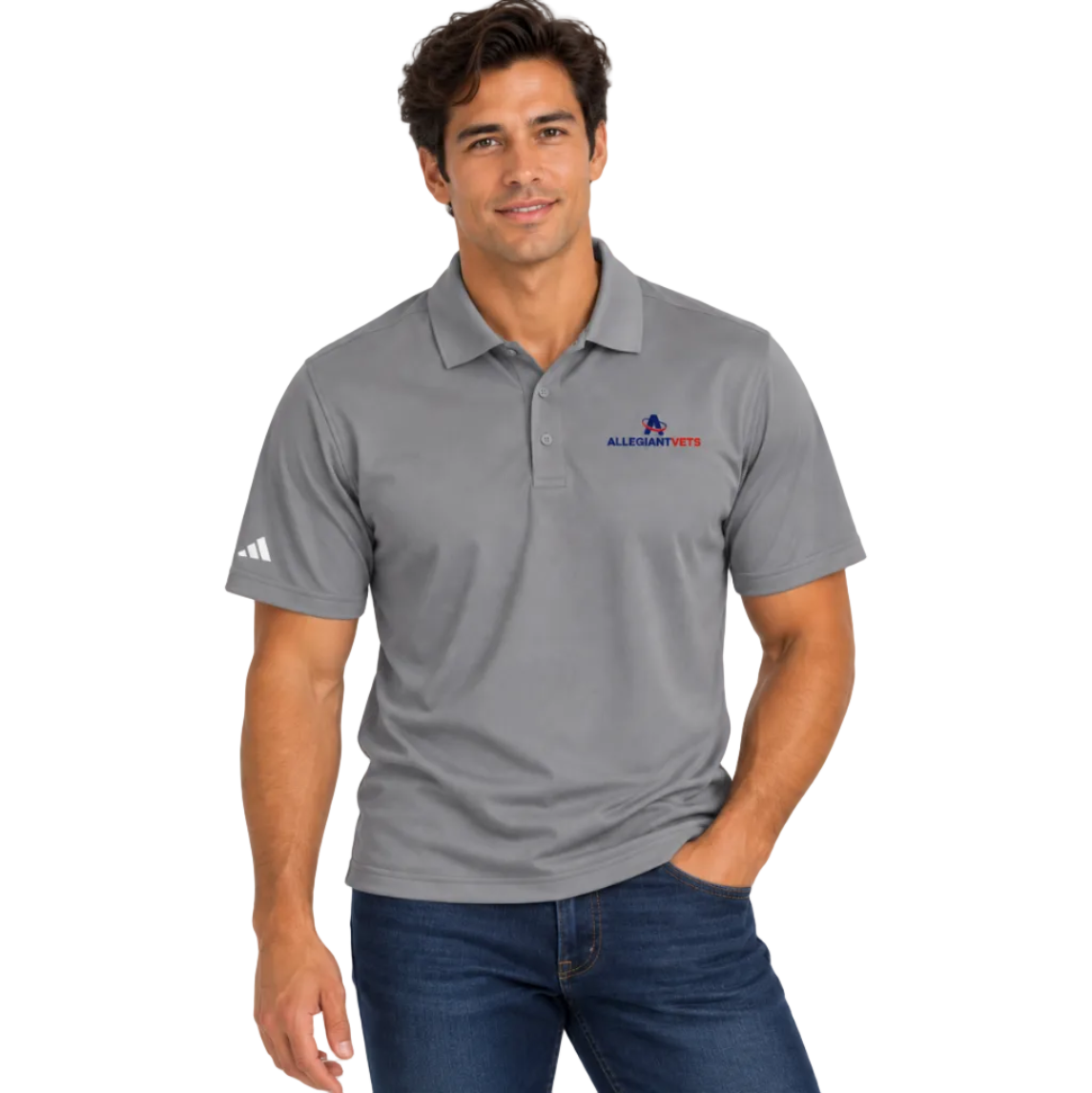 A man wearing a gray short-sleeve polo shirt with a small AllegiantVets logo on the left chest and a white Adidas logo on the right sleeve, paired with blue jeans, against a plain white background.