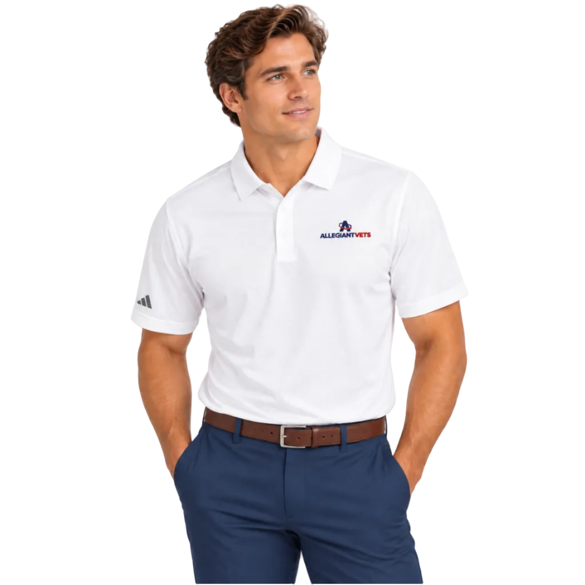 A man wearing a white short-sleeve polo shirt with an 'AllegiantVets' logo on the left chest and a black Adidas logo on the right sleeve, paired with navy blue pants and a brown belt, against a plain white background.