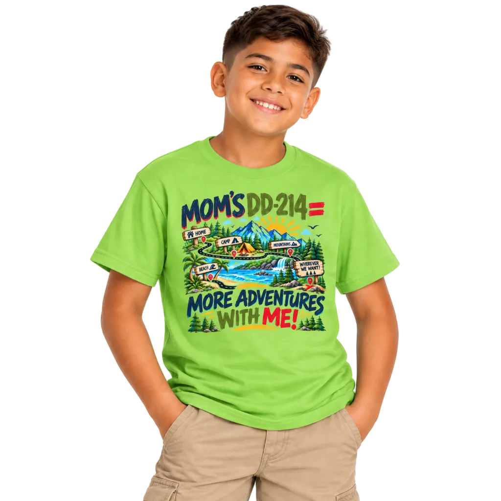 A smiling young boy wearing a bright lime green graphic t-shirt with the text 'MOM'S DD-214 = MORE ADVENTURES WITH ME!' and a colorful camping scene, paired with khaki cargo pants, against a plain white background.