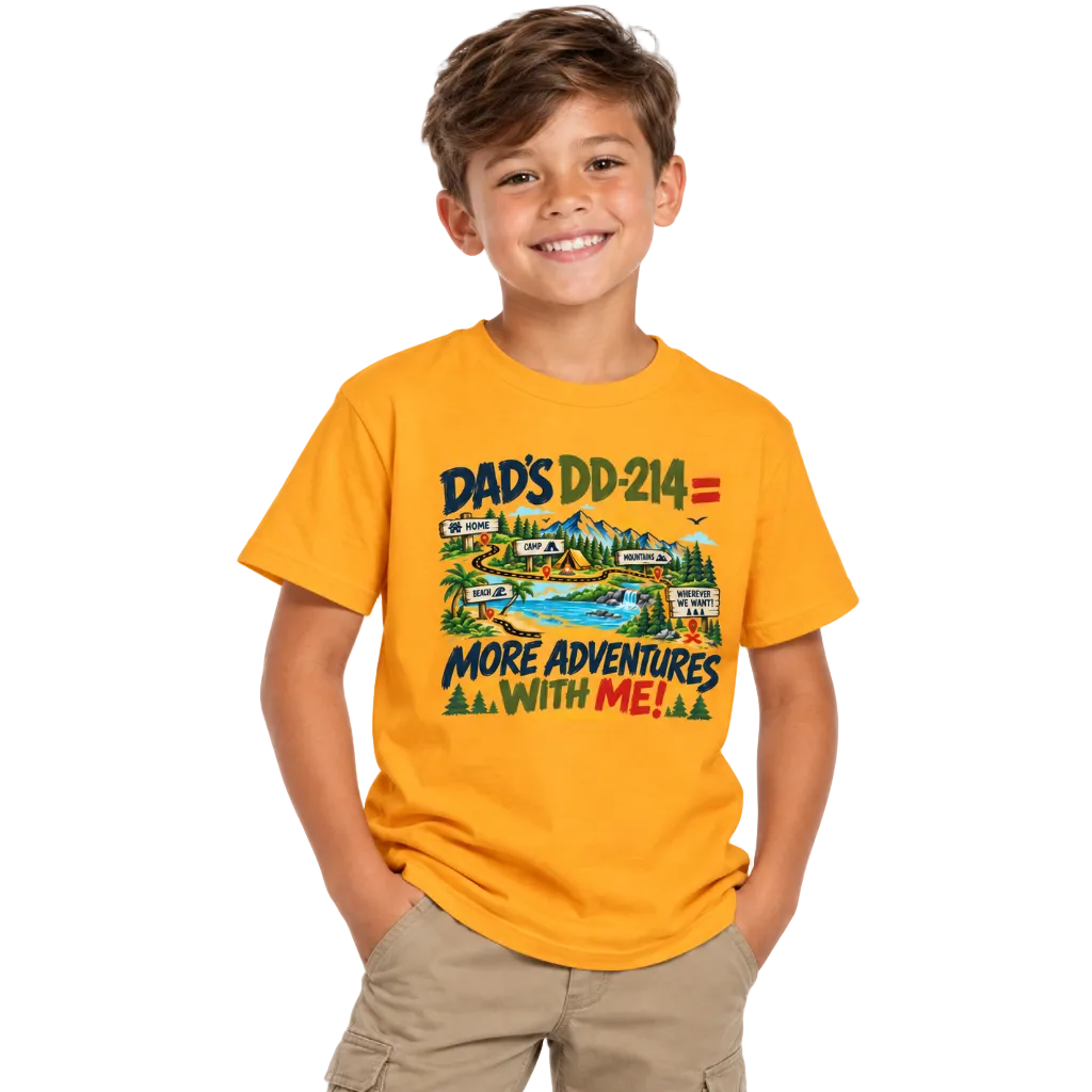 A smiling young boy wearing a bright yellow graphic t-shirt with a colorful 'Dad's DD-214 = More Adventures With Me!' design, paired with khaki cargo pants, against a plain white background.