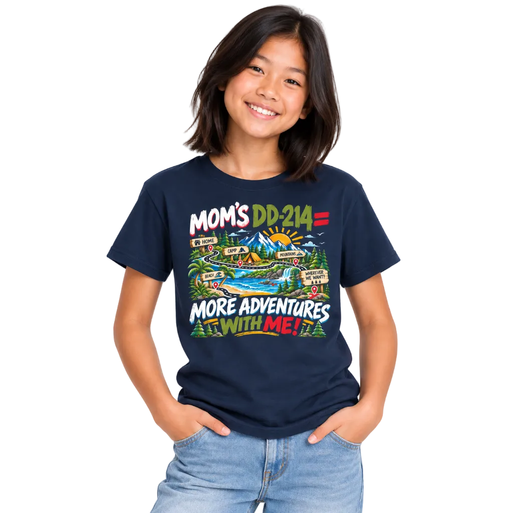 A smiling young girl with shoulder-length dark hair models a navy blue graphic t-shirt. The shirt features a colorful cartoon-style map illustration with the text 'MOM'S DD-214 = MORE ADVENTURES WITH ME!'.