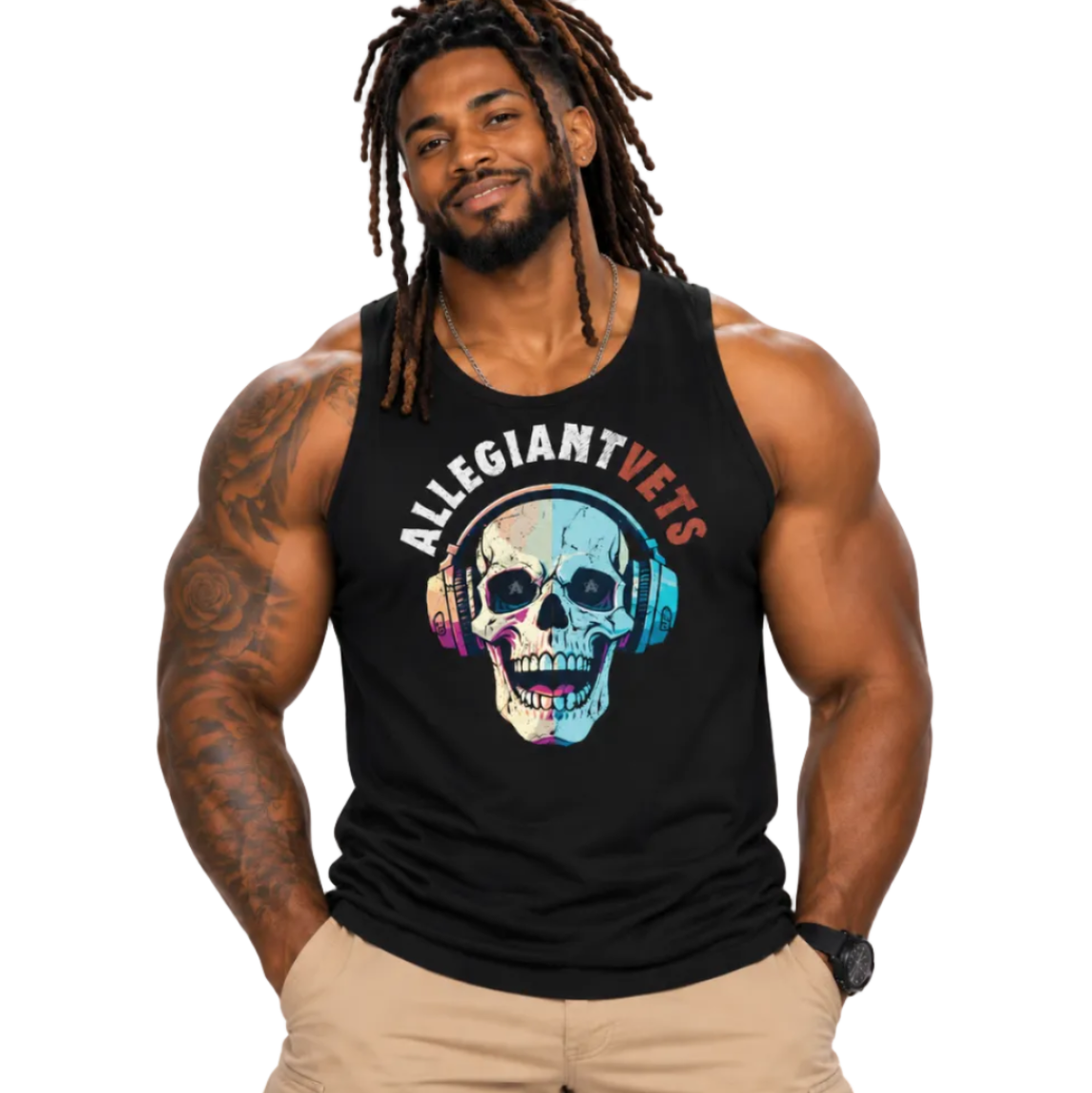 A muscular man with dreadlocks wearing a black tank top with a colorful skull graphic and the text 'ALLEGIANTVETS'.