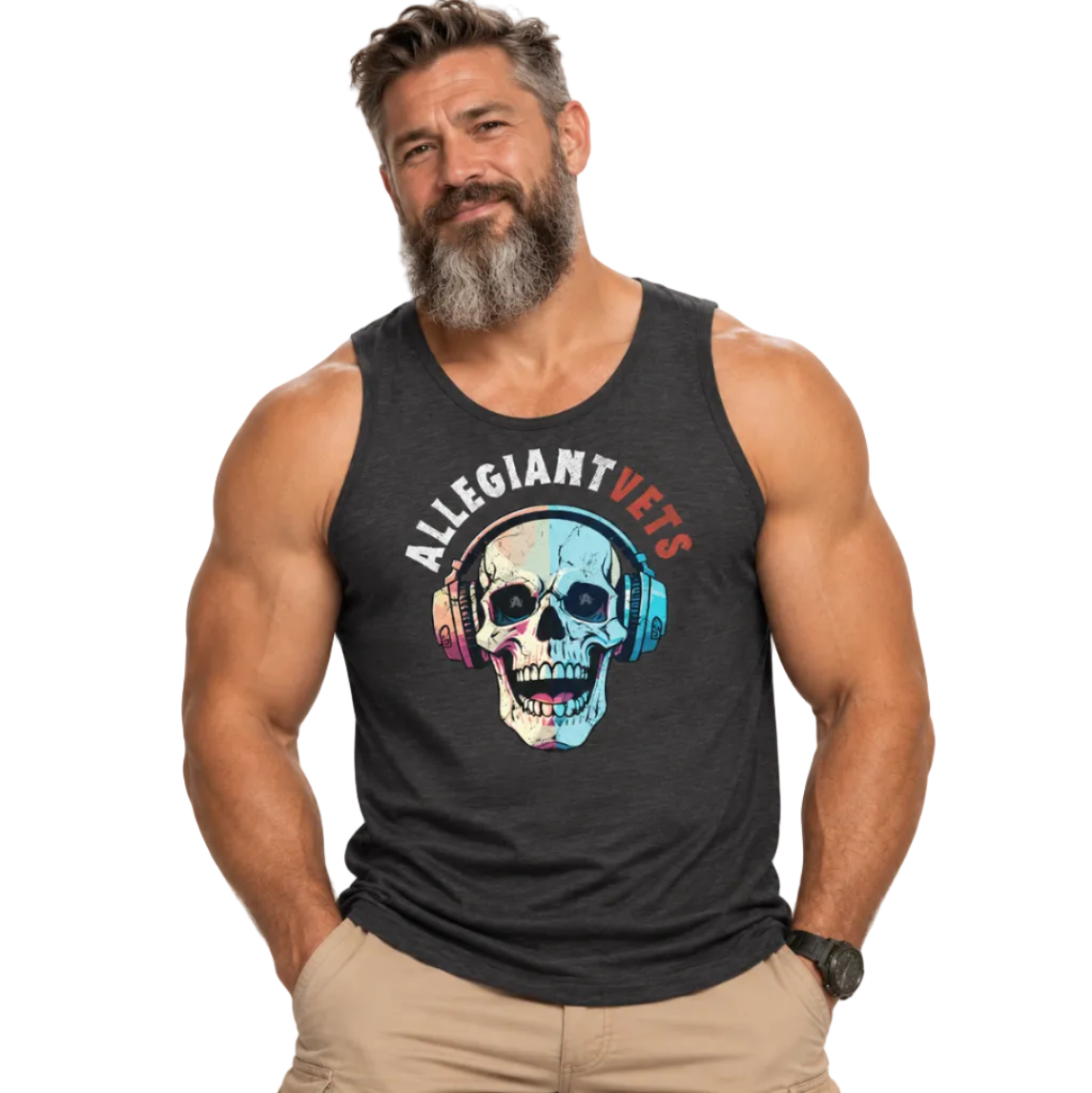 A muscular bearded man wearing a dark charcoal gray sleeveless tank top with a colorful graphic of a skull wearing headphones and the text 'ALLEGIANT VETS'.
