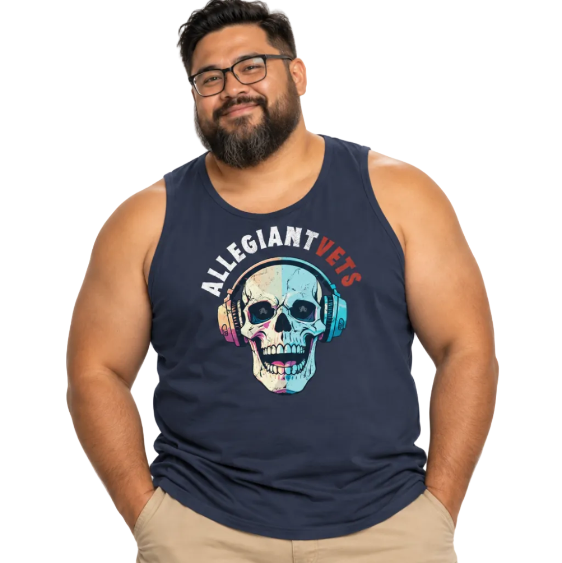 A man wearing a navy blue tank top with a colorful graphic of a skull wearing headphones and the text 'ALLEGIANTVETS' in white and red, paired with khaki cargo pants against a white background.