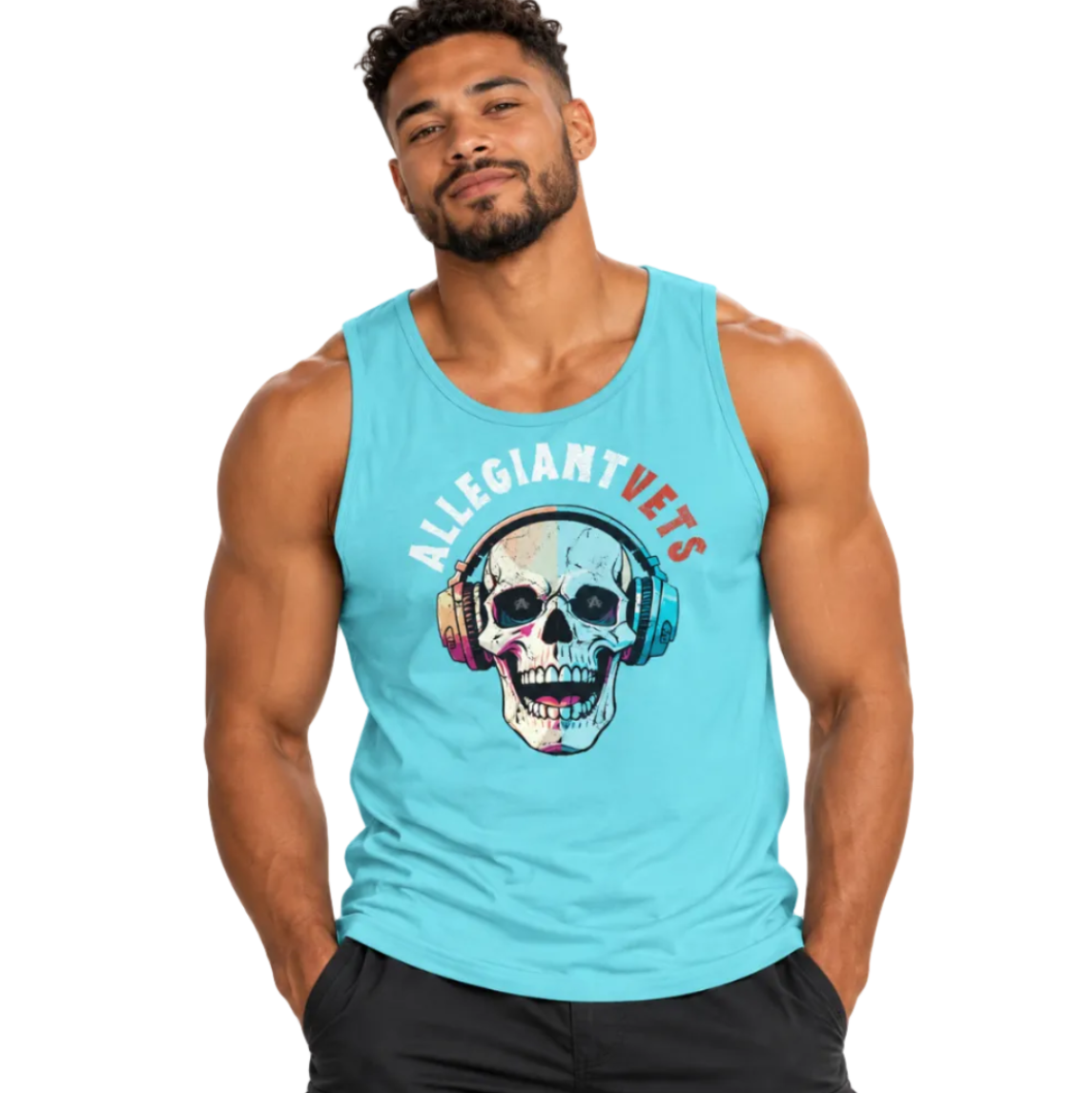 A muscular man wearing a light blue tank top with a graphic of a skull wearing headphones and the text 'ALLEGIANTVETS' printed on the front, set against a plain white background.