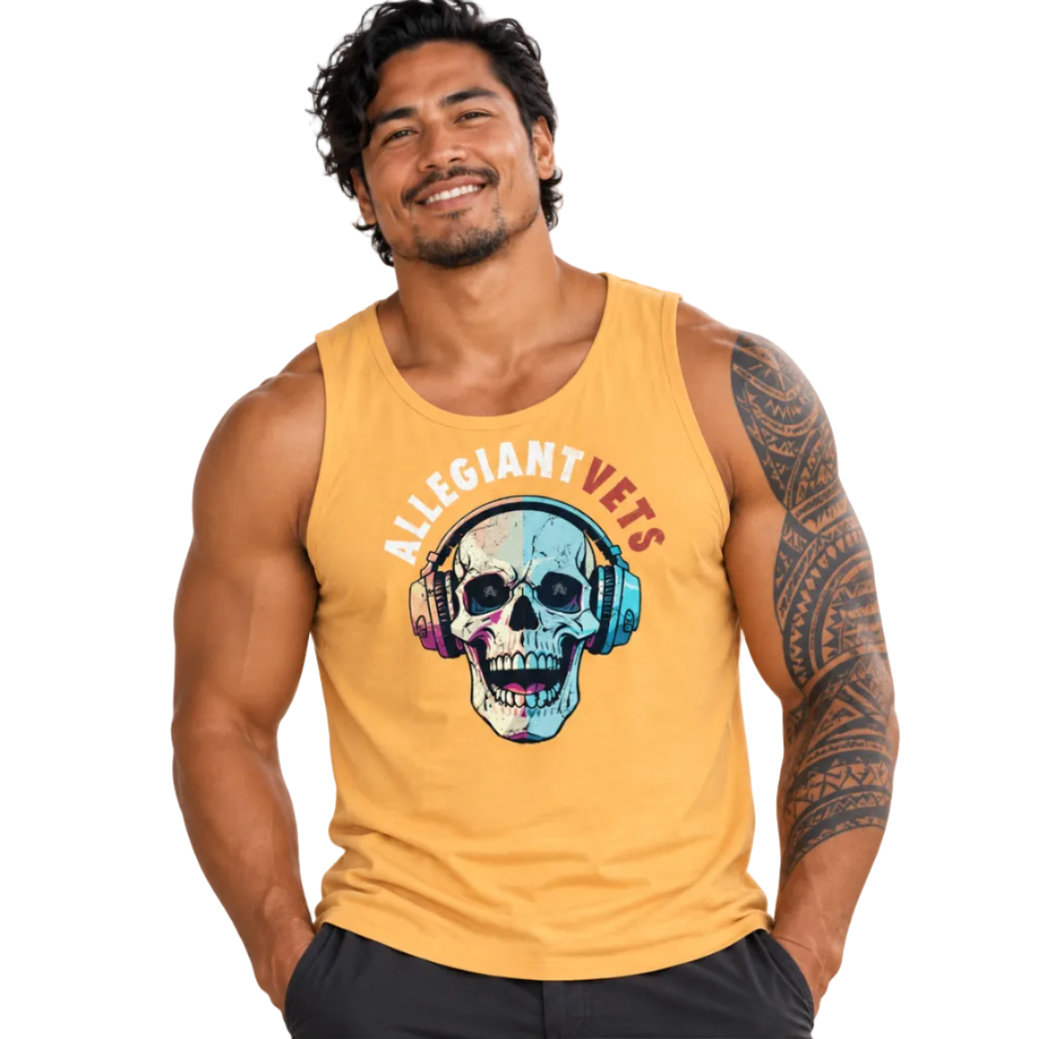 A muscular man wearing a mustard yellow tank top with a graphic of a skull wearing colorful headphones and the text 'ALLEGIANTVETS' printed on the front, set against a plain white background.