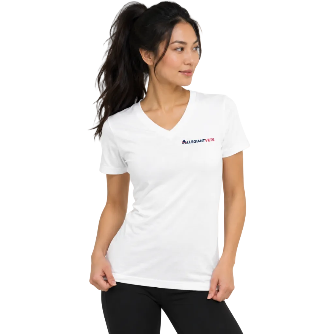 A woman wearing a white short-sleeve V-neck athletic t-shirt with the 'ALLEGIANTVETS' logo printed in blue and red on the left chest, paired with black leggings, against a plain white background.